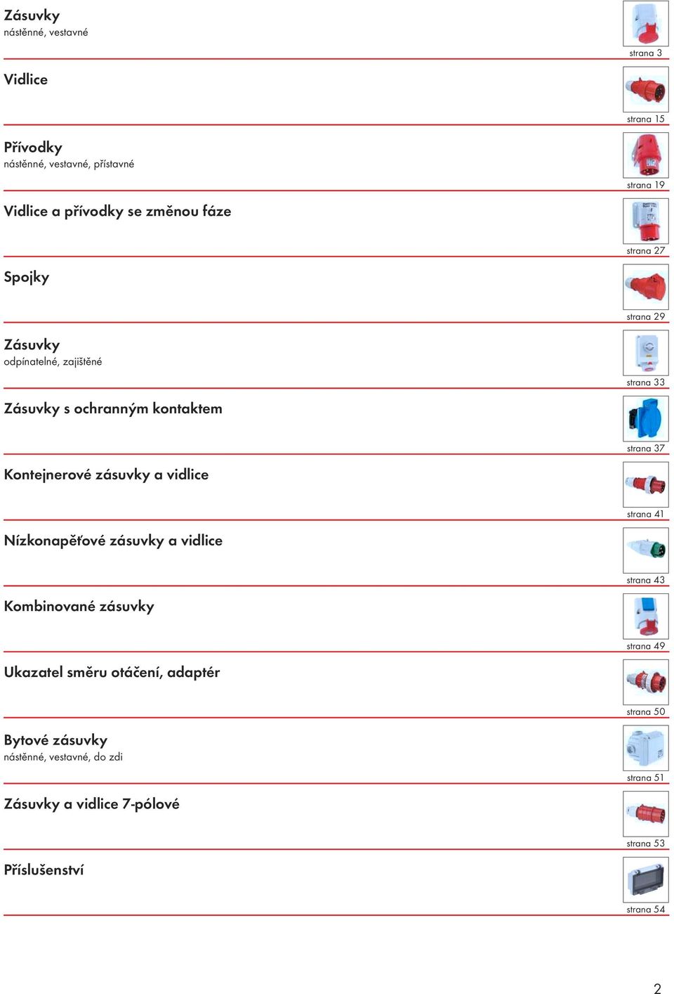 Kontejnerové zásuvky a vidlice strana 41 Nízkonapěťové zásuvky a vidlice strana 43 Kombinované zásuvky strana 49 Ukazatel směru