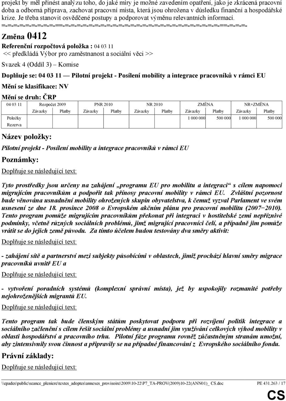 Změna 0412 Referenční rozpočtová položka : 04 03 11 << předkládá Výbor pro zaměstnanost a sociální věci >> Doplňuje se: 04 03 11 Pilotní projekt - Posílení mobility a integrace pracovníků v rámci EU