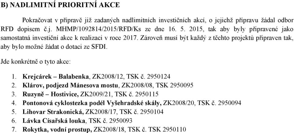 Jde konkrétně o tyto akce: 1. Krejcárek Balabenka, ZK2008/12, TSK č. 2950124 2. Klárov, podjezd Mánesova mostu, ZK2008/08, TSK 2950095 3. Ruzyně Hostivice, ZK2009/21, TSK č. 2950115 4.