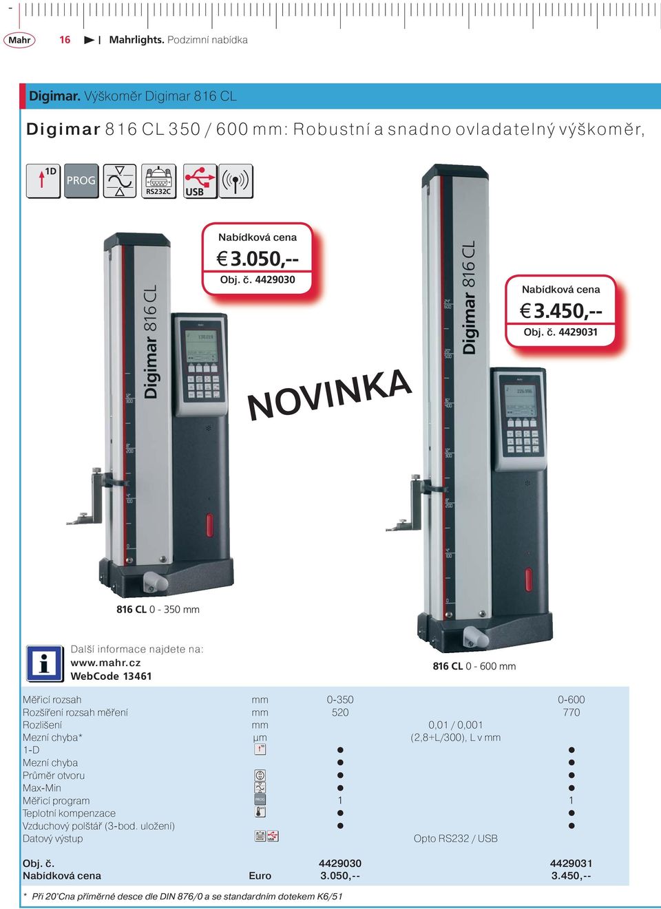 4429031 NOVINKA 816 CL 0-350 mm WebCode 13461 816 CL 0-600 mm Měřicí rozsah mm 0-350 0-600 Rozšíření rozsah měření mm 520 770 Rozlišení mm 0,01 / 0,001 Mezní