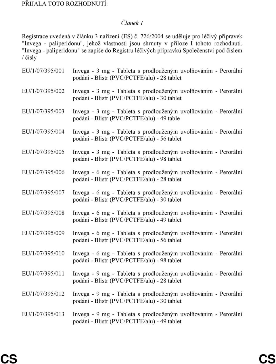 "Invega - paliperidonu" se zapíše do Registru léčivých přípravků Společenství pod číslem / čísly EU/1/07/395/001 EU/1/07/395/002 EU/1/07/395/003 EU/1/07/395/004