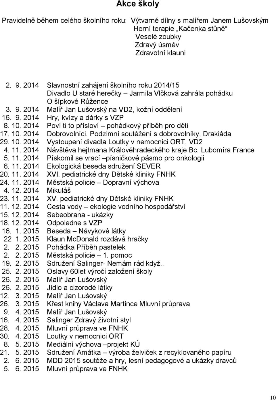 10. 2014 Poví ti to přísloví pohádkový příběh pro děti 17. 10. 2014 Dobrovolníci. Podzimní soutěžení s dobrovolníky, Drakiáda 29. 10. 2014 Vystoupení divadla Loutky v nemocnici ORT, VD2 4. 11.