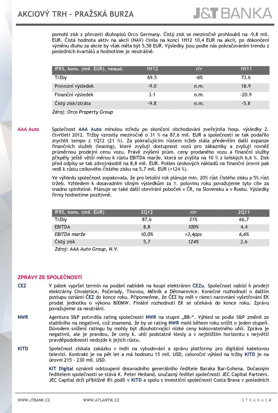 Výsledky jsou podle nás pokračováním trendu z posledních kvartálů a hodnotíme je neutrálně. IFRS, kons. (mil. EUR), neaud. 1H12 r/r 1H11 Tržby 69.5-6% 73.6 Provozní výsledek -9.0 n.m. 18.