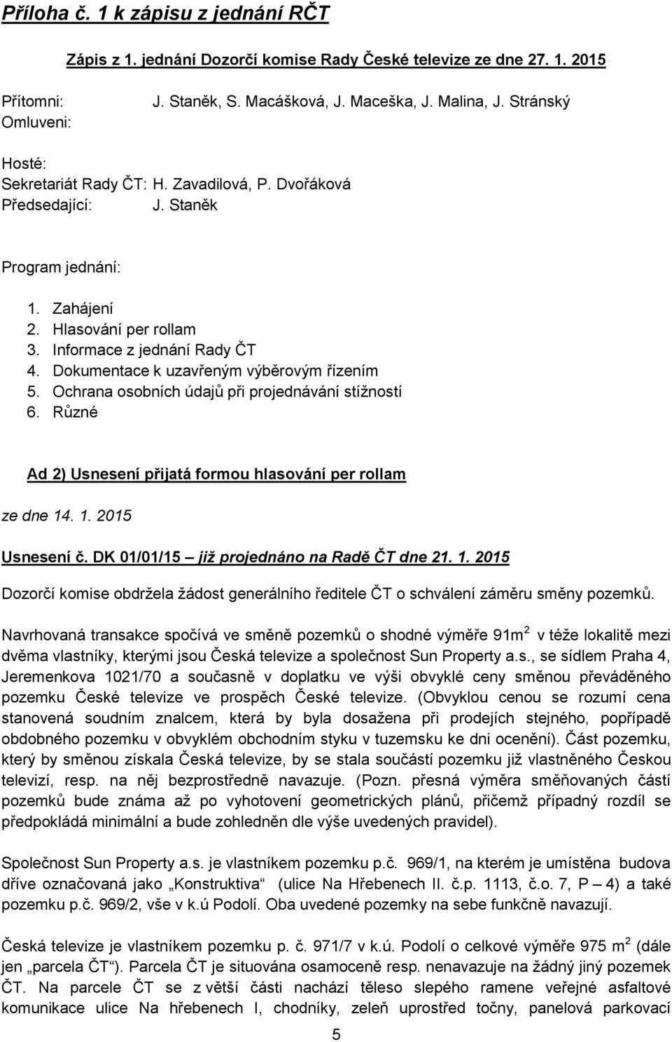 Ochrana osobních údajů při projednávání stížností 6. Různé Ad 2) Usnesení přijatá formou hlasování per rollam ze dne 14. 1. 2015 Usnesení č.