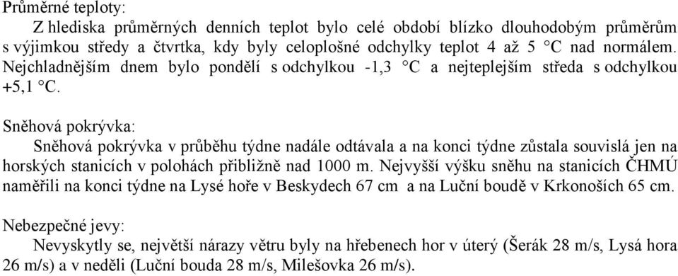 Sněhová pokrývka: Sněhová pokrývka v průběhu týdne nadále odtávala a na konci týdne zůstala souvislá jen na horských stanicích v polohách přibližně nad 1000 m.