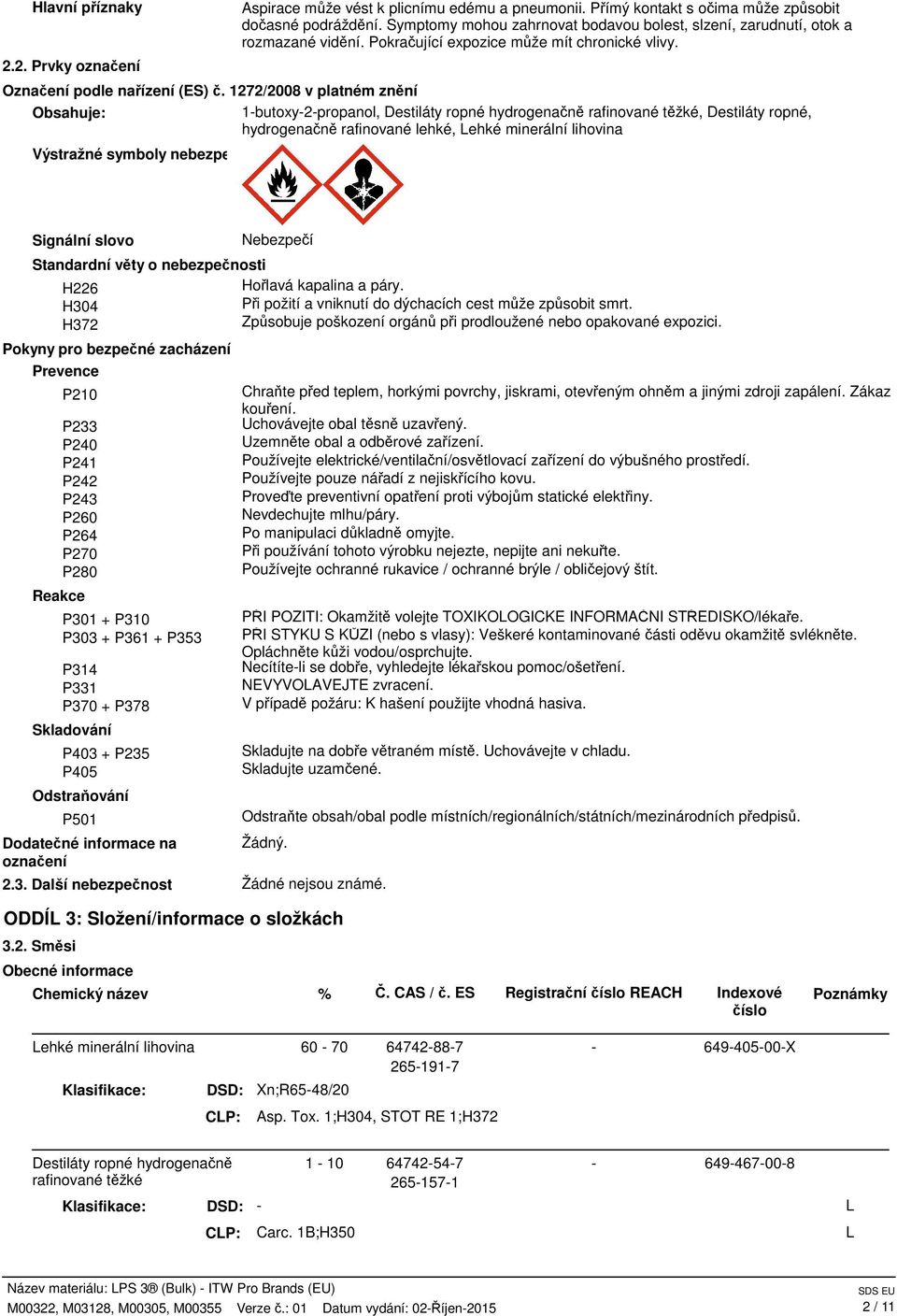 1272/2008 v platném znění Obsahuje: 1butoxy2propanol, Destiláty ropné hydrogenačně rafinované těžké, Destiláty ropné, hydrogenačně rafinované lehké, Lehké minerální lihovina Výstražné symboly