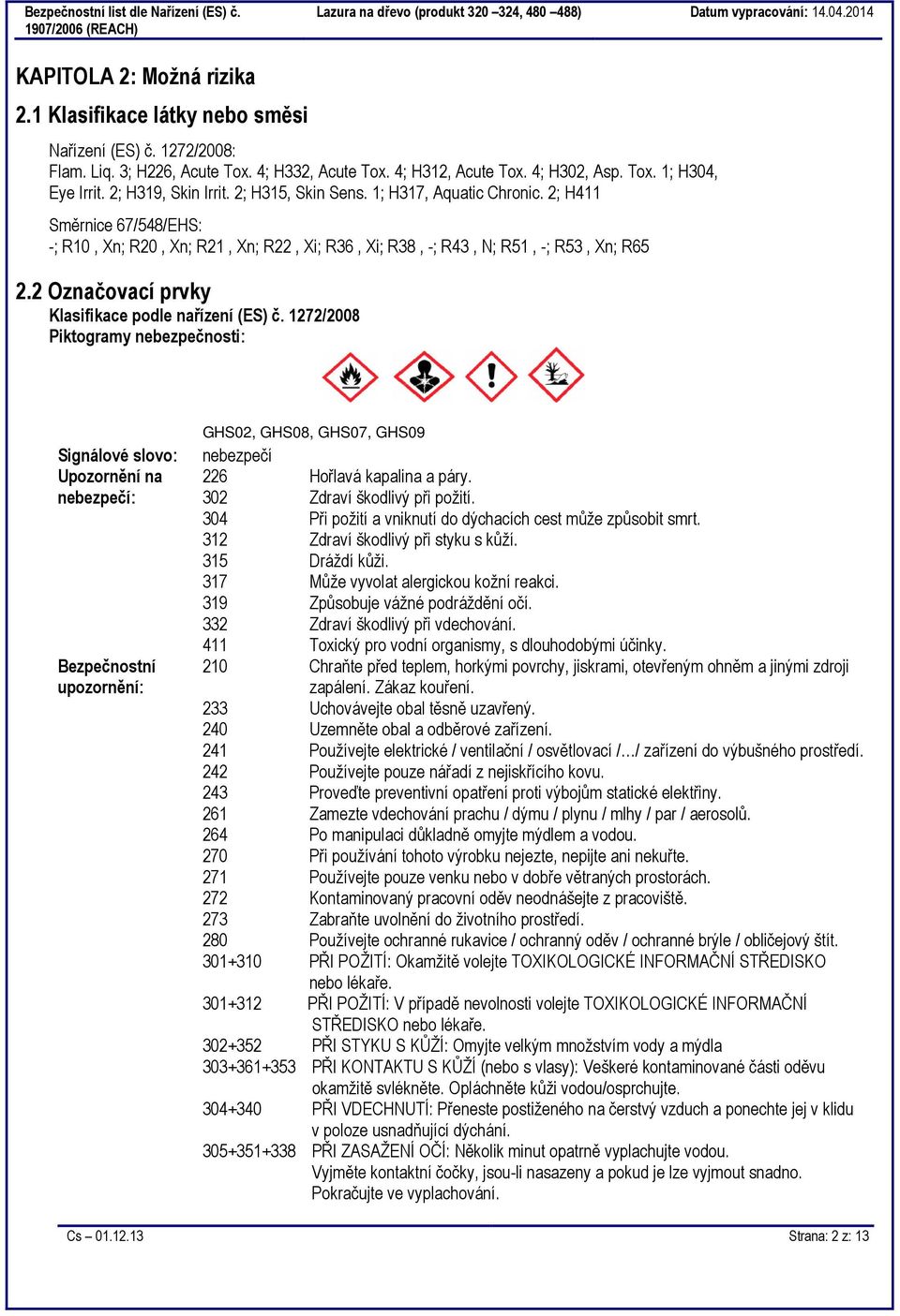 2; H315, Skin Sens. 1; H317, Aquatic Chronic. 2; H411 Směrnice 67/548/EHS: -; R10, Xn; R20, Xn; R21, Xn; R22, Xi; R36, Xi; R38, -; R43, N; R51, -; R53, Xn; R65 2.