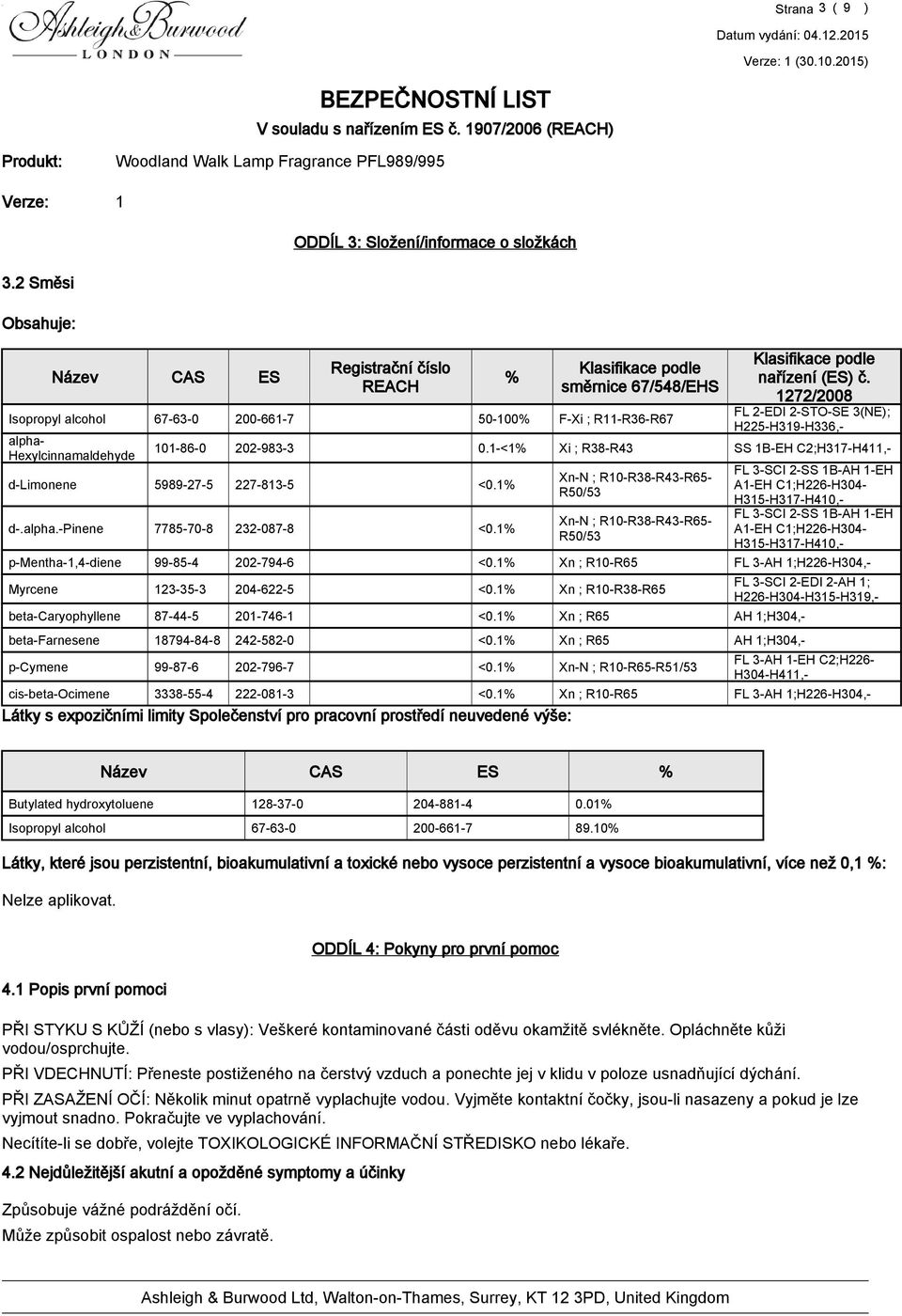 alpha.-pinene p-mentha-,4-diene Myrcene beta-caryophyllene beta-farnesene p-cymene 67-63-0 200-66-7 50-00% Klasifikace podle směrnice 67/548/EHS F-Xi ; R-R36-R67 0-86-0 202-983-3 0.