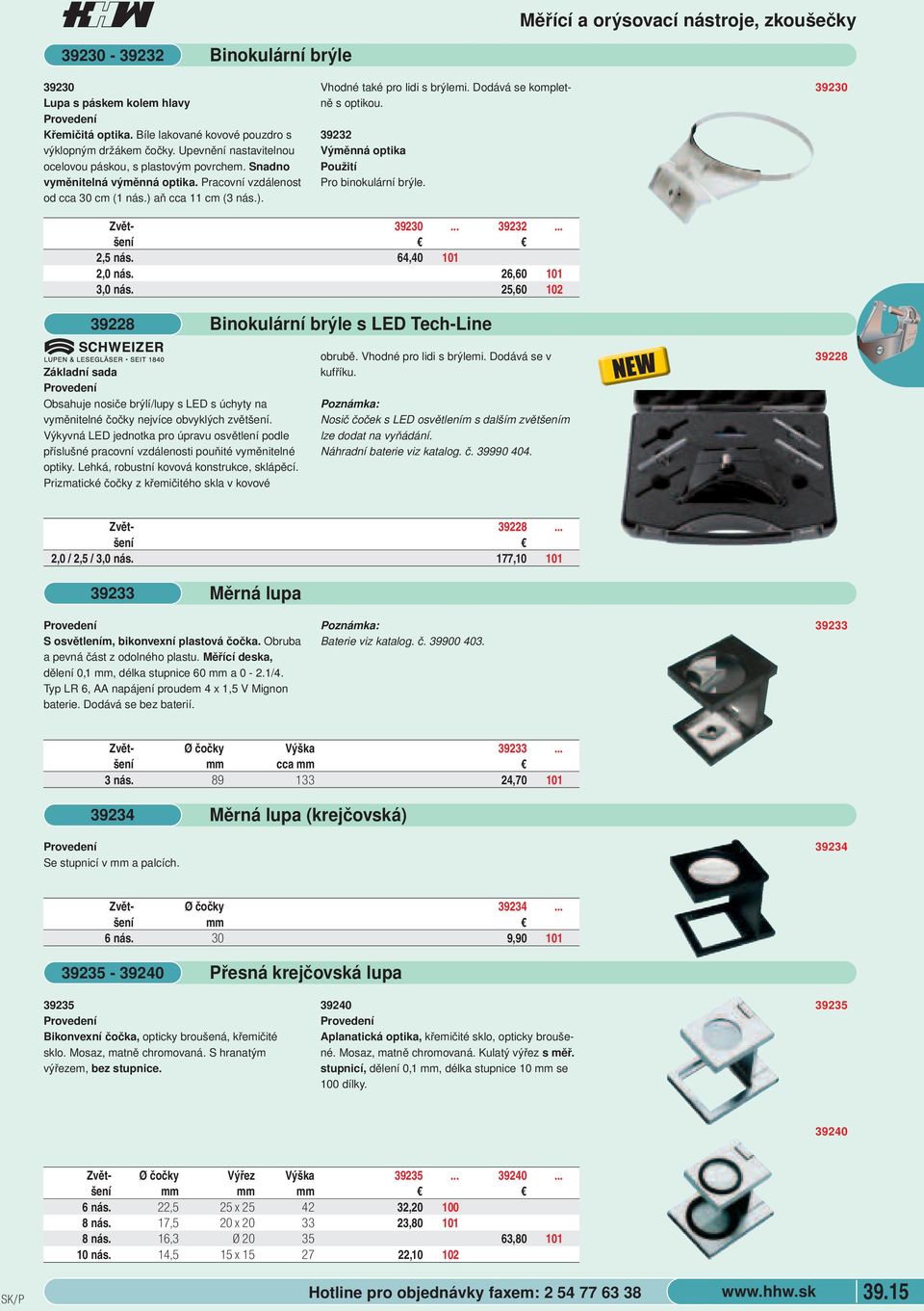 39232 Výměnná optika Pro binokulární brýle 39230 Zvět- 39230 39232 šení 2,5 nás 64,40 101 2,0 nás 26,60 101 3,0 nás 25,60 102 39228 Binokulární brýle s LED Tech-Line Základní sada Obsahuje nosiče