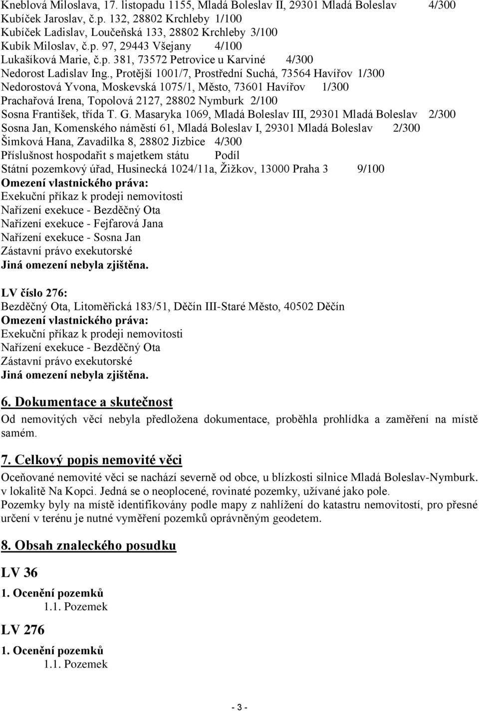 , Protější 1001/7, Prostřední Suchá, 73564 Havířov 1/300 Nedorostová Yvona, Moskevská 1075/1, Město, 73601 Havířov 1/300 Prachařová Irena, Topolová 2127, 28802 Nymburk 2/100 Sosna František, třída T.