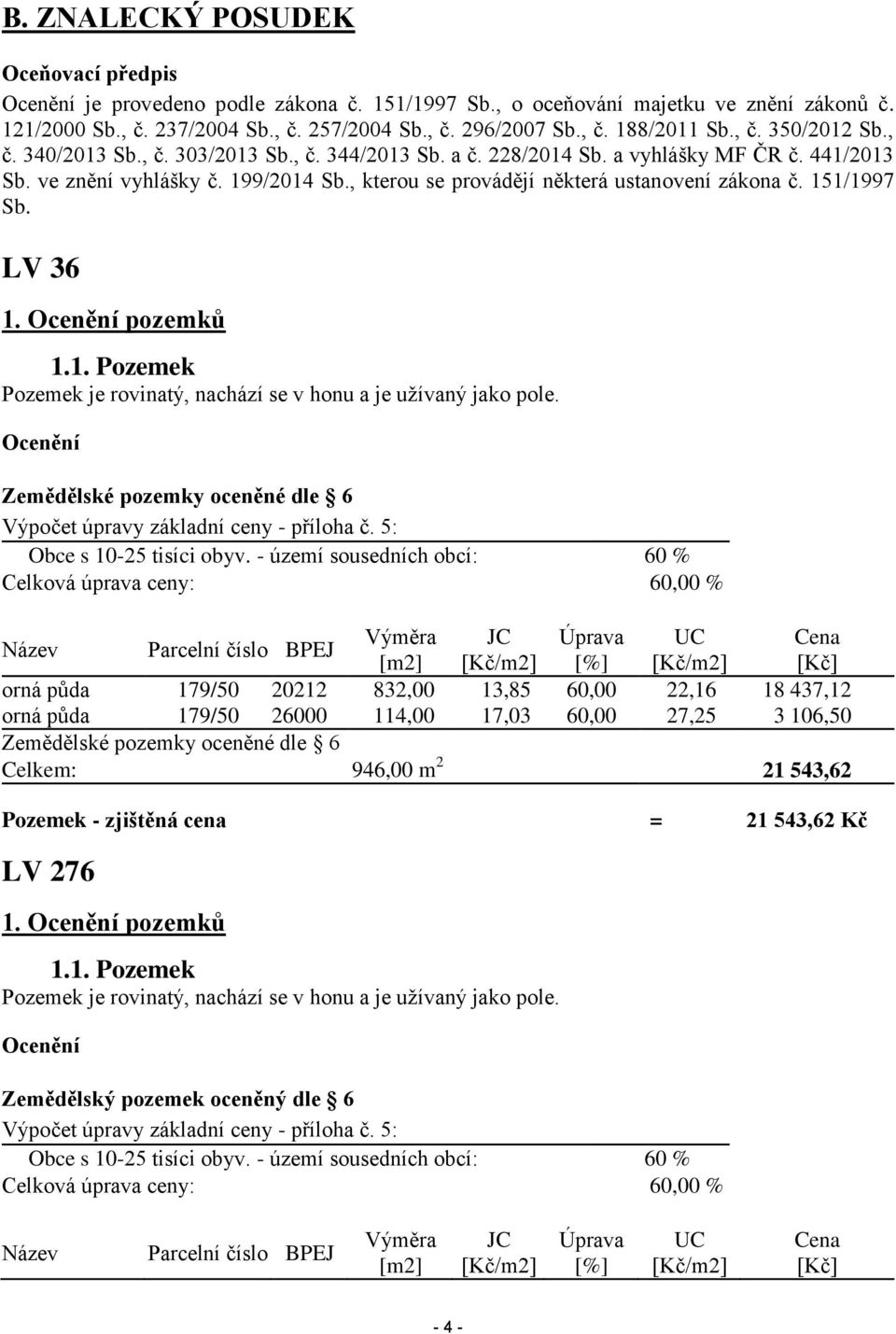 , kterou se provádějí některá ustanovení zákona č. 151/1997 Sb. LV 36 1. Ocenění pozemků 1.1. Pozemek Pozemek je rovinatý, nachází se v honu a je užívaný jako pole.