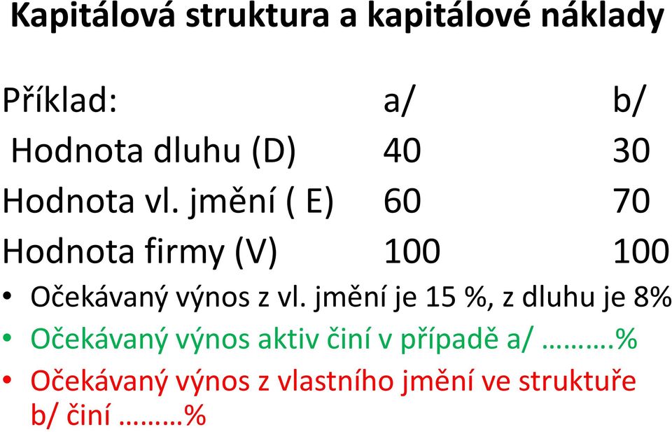 jmění ( E) 60 70 Hodnota firmy (V) 100 100 Očekávaný výnos z vl.