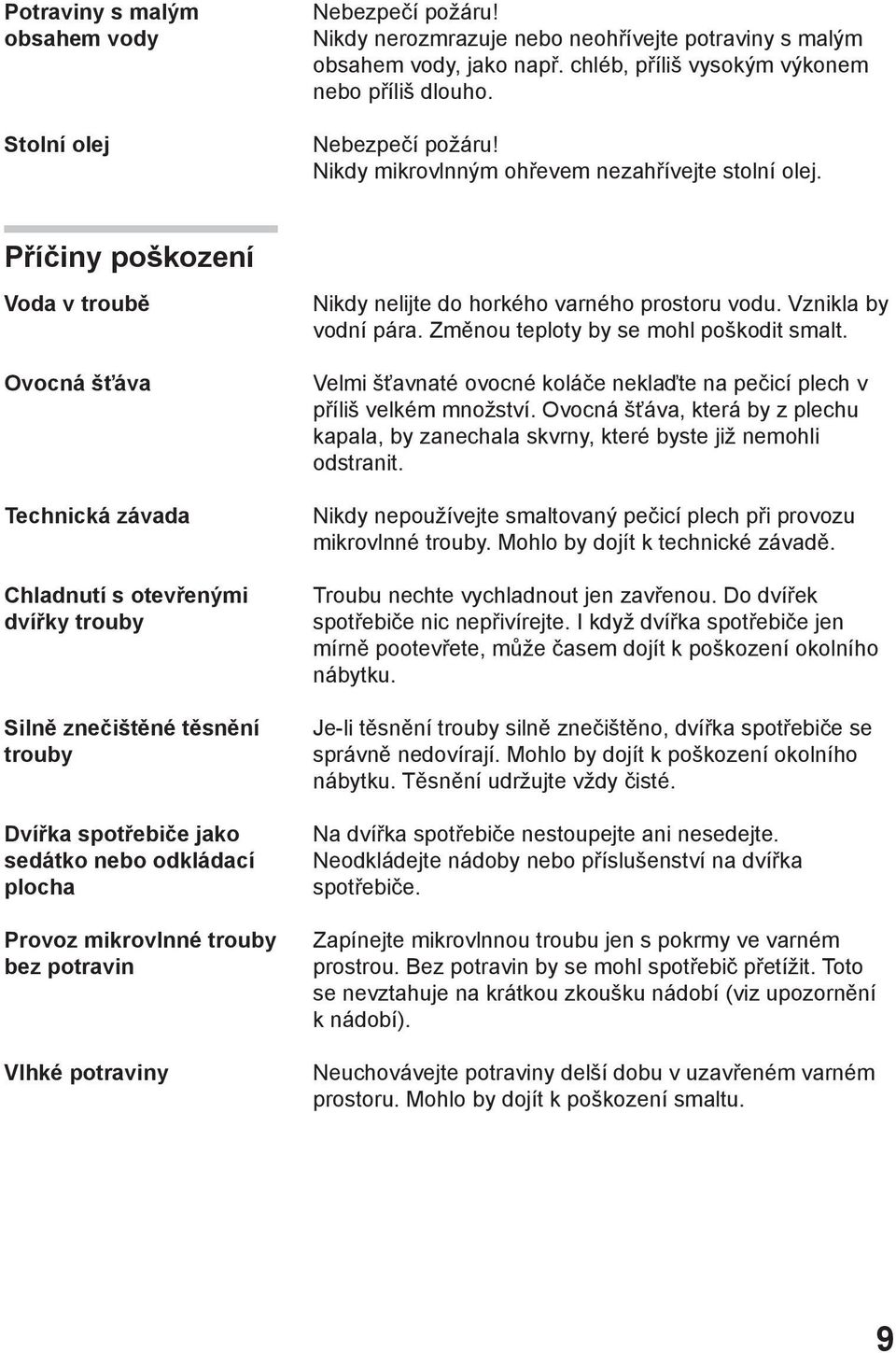 Příčiny poškození Voda v troubě Ovocná šťáva Technická závada Chladnutí s otevřenými dvířky trouby Silně znečištěné těsnění trouby Dvířka spotřebiče jako sedátko nebo odkládací plocha Provoz