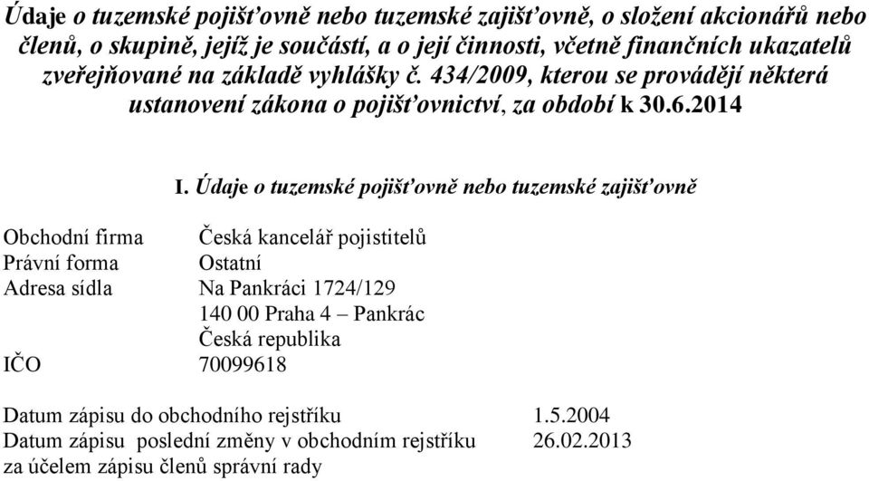 Údaje o tuzemské pojišťovně nebo tuzemské zajišťovně Obchodní firma Česká kancelář pojistitelů Právní forma Ostatní Adresa sídla Na Pankráci 1724/129 140 00