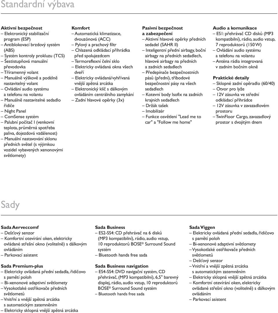 průměrná spotřeba paliva, dojezdová vzdálenost) Manuální nastavování sklonu předních světel (s výjimkou vozidel vybavených xenonovými světlomety) Komfort Automatická klimatizace, dvouzónová (ACC)