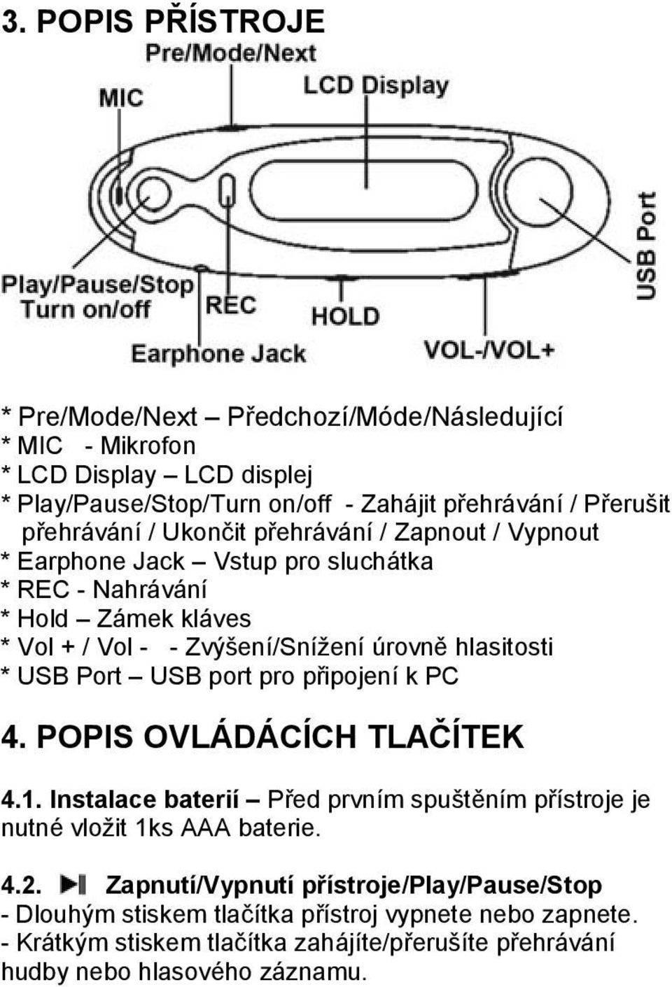 hlasitosti * USB Port USB port pro připojení k PC 4. POPIS OVLÁDÁCÍCH TLAČÍTEK 4.1. Instalace baterií Před prvním spuštěním přístroje je nutné vložit 1ks AAA baterie. 4.2.