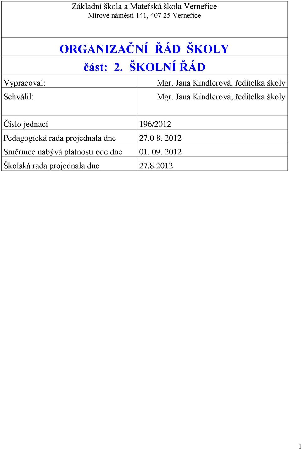 Jana Kindlerová, ředitelka školy Číslo jednací 196/2012 Pedagogická rada projednala dne 27.