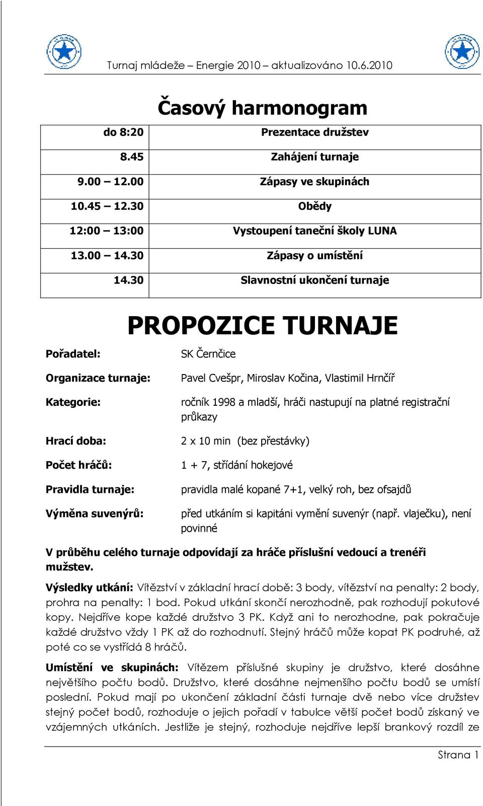 Vlastimil Hrnčíř ročník 1998 a mladší, hráči nastupují na platné registrační průkazy 2 x 10 min (bez přestávky) 1 + 7, střídání hokejové pravidla malé kopané 7+1, velký roh, bez ofsajdů před utkáním