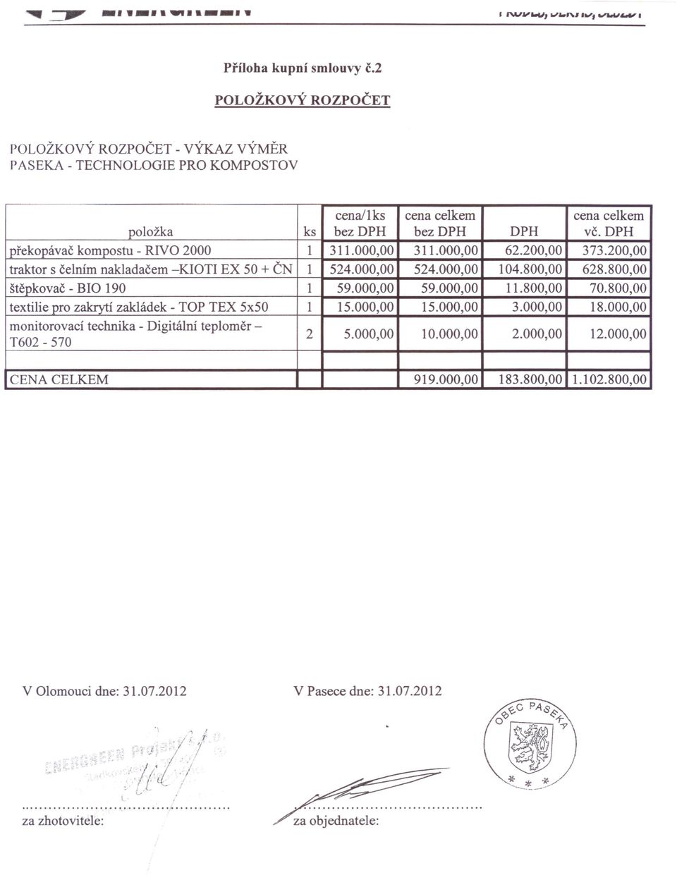 DPH překopávač kompostu - RNO 2000 1 311.000,00 311.000,00 62.200,00 373.200,00 traktor s čelním nakladačem -KOT EX 50 + ČN 1 524.000,00 524.000,00 104.800,00 628.