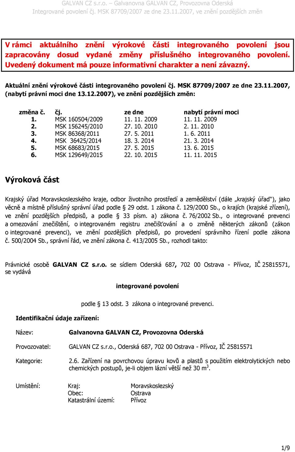 MSK 160504/2009 11. 11. 2009 11. 11. 2009 2. MSK 156245/2010 27. 10. 2010 2. 11. 2010 3. MSK 86368/2011 27. 5. 2011 1. 6. 2011 4. MSK 36425/2014 18. 3. 2014 21. 3. 2014 5. MSK 68683/2015 27. 5. 2015 13.