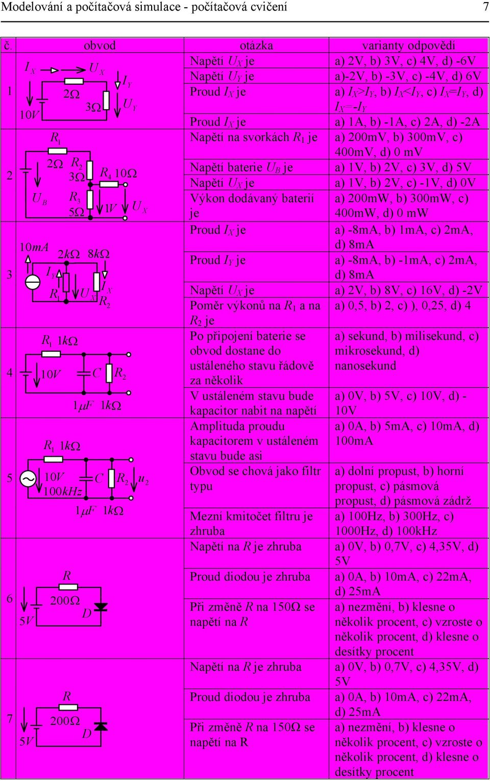 =-I Y 10V Proud I X je a) 1A, b) -1A, c) 2A, d) -2A R 1 Napětí na svorkách R 1 je a) 200mV, b) 300mV, c) 400mV, d) 0 mv 2Ω R 2 Napětí baterie U B je a) 1V, b) 2V, c) 3V, d) 5V 2 3Ω R 4 10Ω Napětí U X