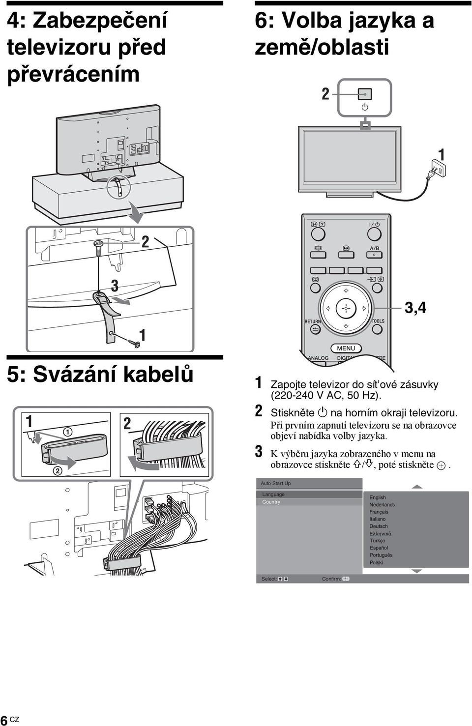 Při prvním apnutí televioru se na obraovce objeví nabídka volby jayka.