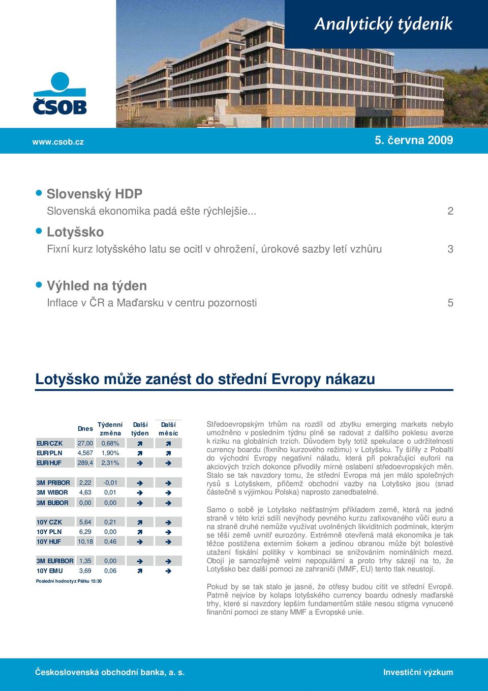 Dnes Týdenní změna Další týden Další měsíc EUR/CZK 27,00 0,68% EUR/PLN 4,567 1,90% EUR/HUF 289,4 2,31% 3M PRIBOR 2,22-0,01 3M WIBOR 4,63 0,01 3M BUBOR 0,00 0,00 10Y CZK 5,64 0,21 10Y PLN 6,29 0,00