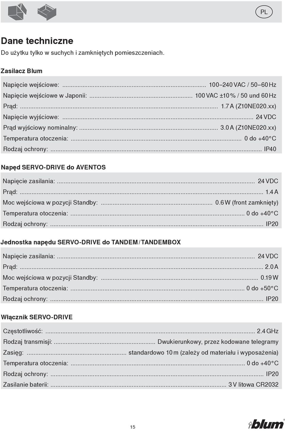 .. IP40 Napęd SERVO-DRIVE do AVENTOS Napięcie zasilania:... 24 VDC Prąd:....4 A Moc wejściowa w pozycji Standby:... 0.6 W (front zamknięty) Temperatura otoczenia:... 0 do +40 C Rodzaj ochrony:.