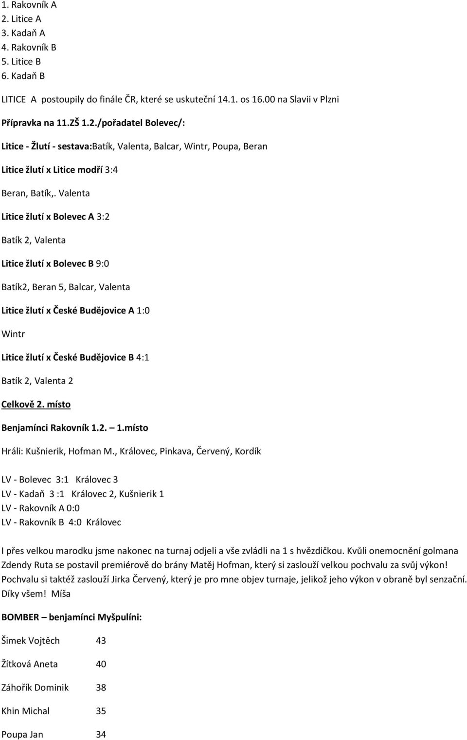 Batík 2, Valenta 2 Celkově 2. místo Benjamínci Rakovník 1.2. 1.místo Hráli: Kušnierik, Hofman M.