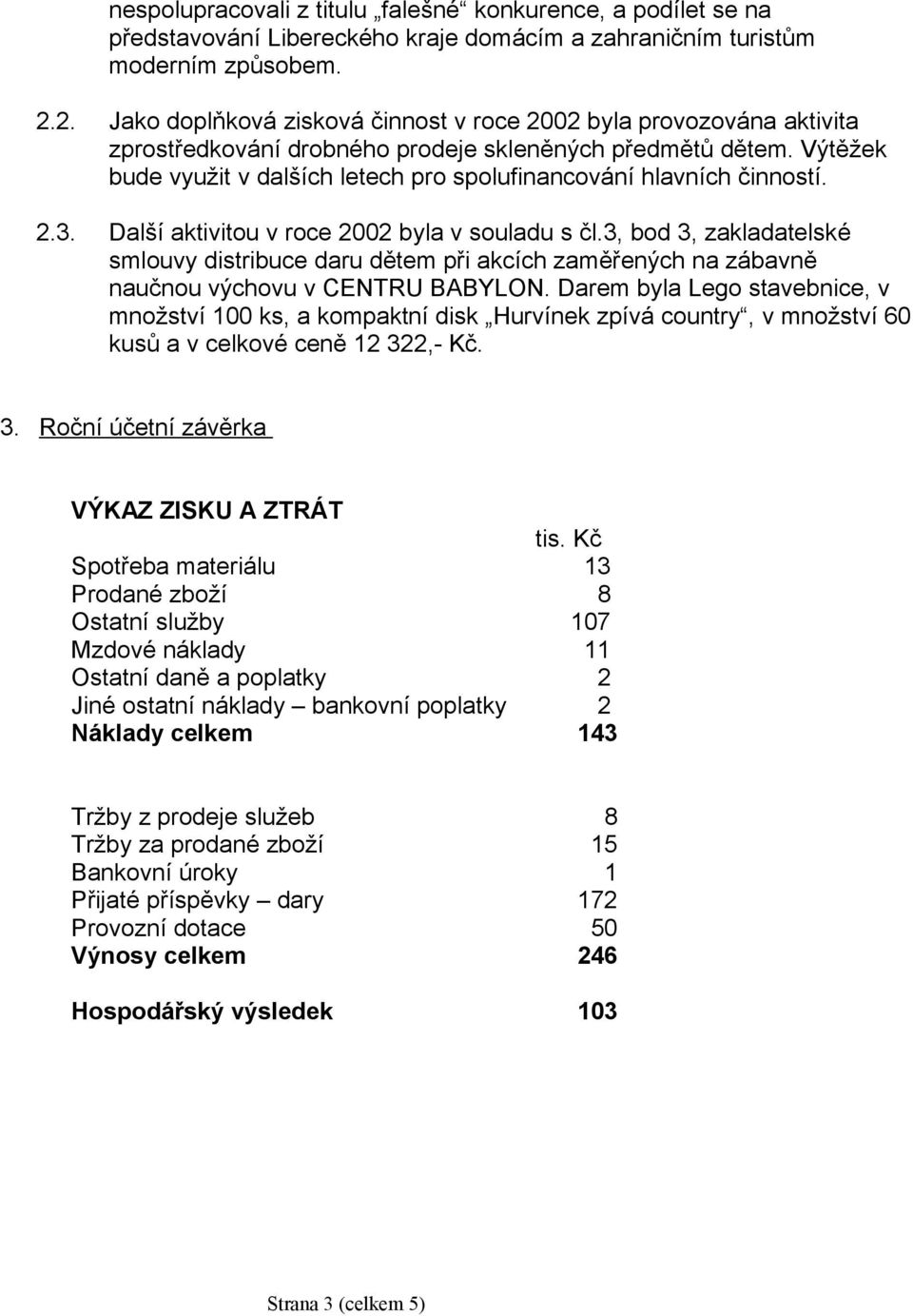 Výtěžek bude využit v dalších letech pro spolufinancování hlavních činností. 2.3. Další aktivitou v roce 2002 byla v souladu s čl.