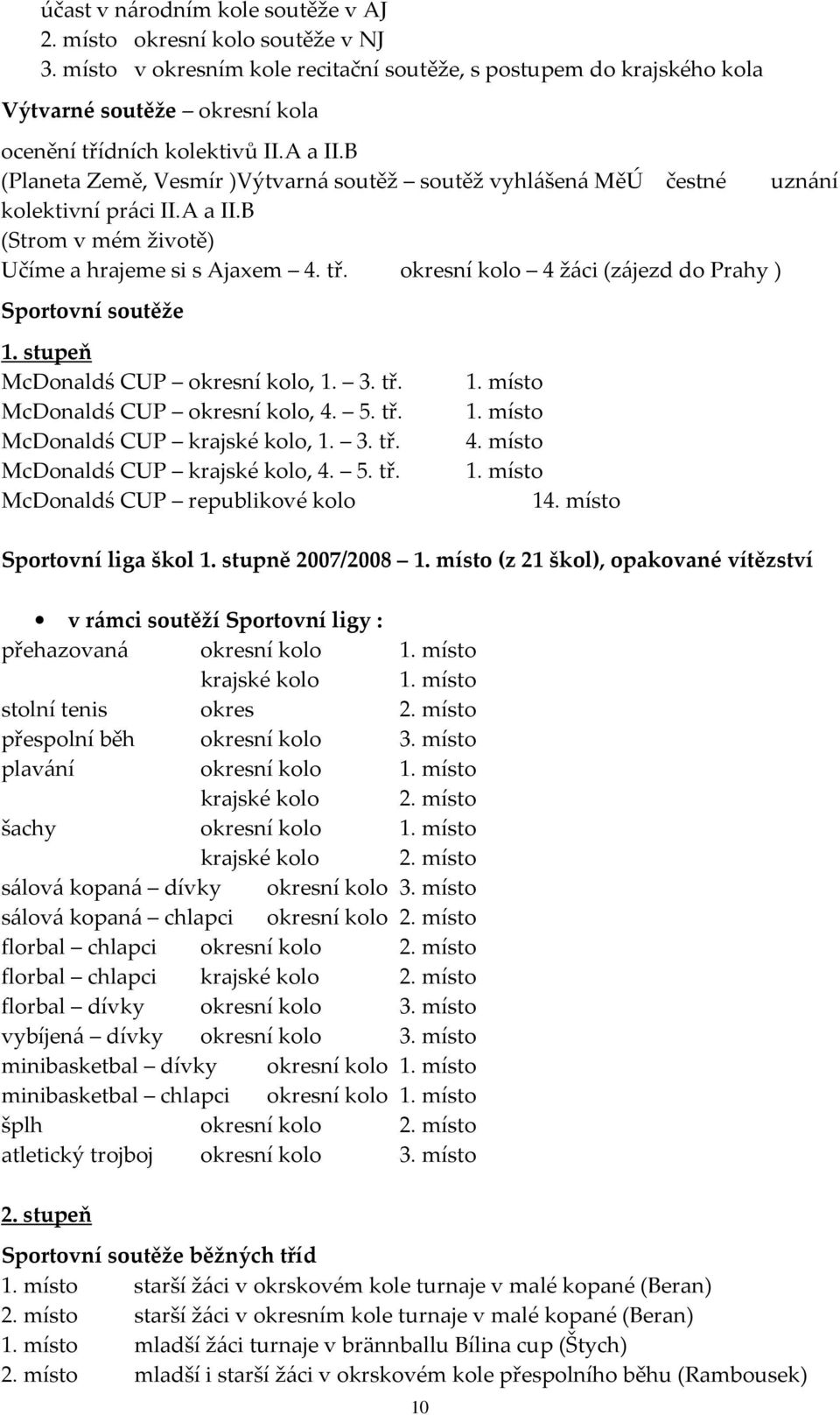 B (Planeta Země, Vesmír )Výtvarná soutěž soutěž vyhlášená MěÚ čestné uznání kolektivní práci II.A a II.B (Strom v mém životě) Učíme a hrajeme si s Ajaxem 4. tř.