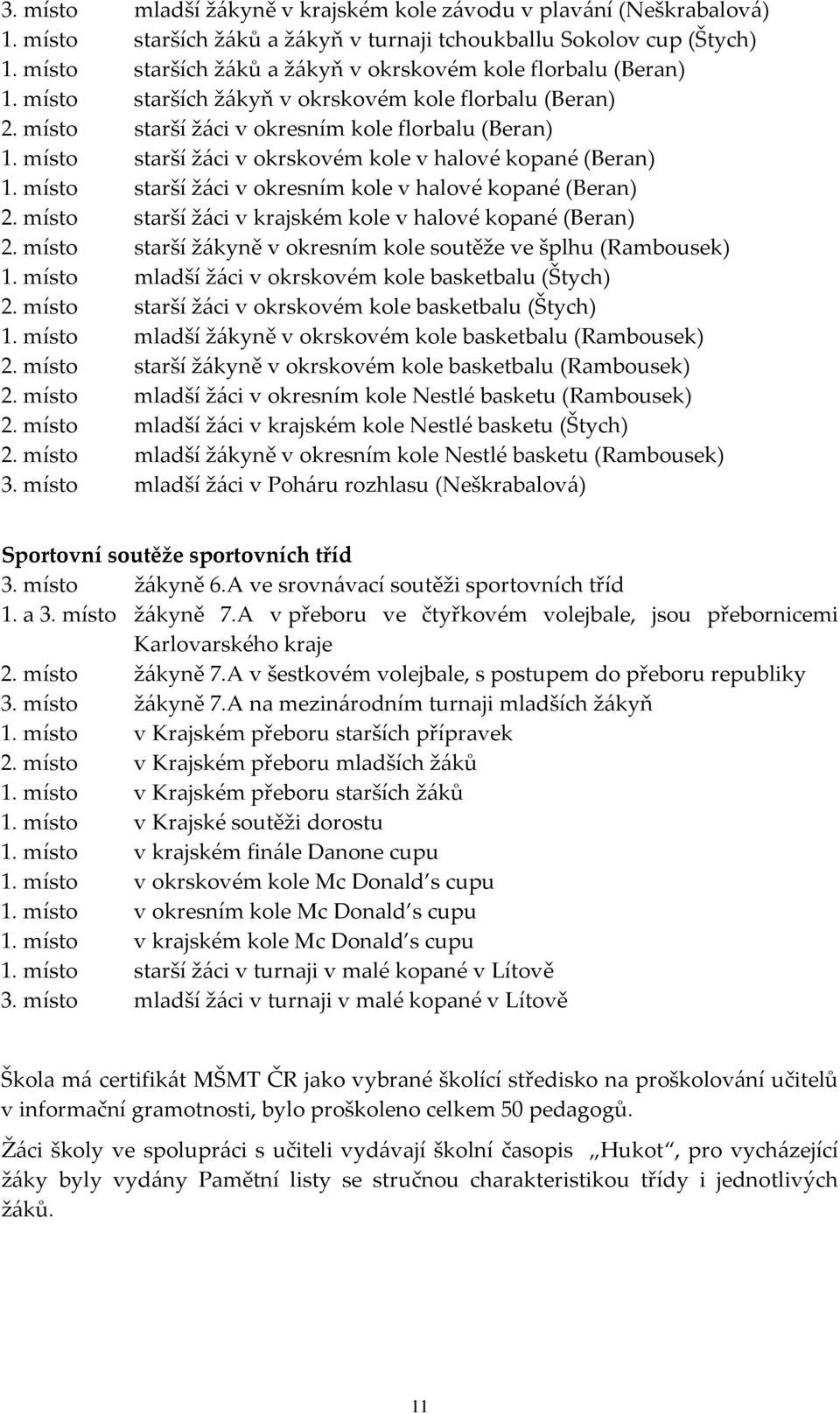 místo starší žáci v okrskovém kole v halové kopané (Beran) 1. místo starší žáci v okresním kole v halové kopané (Beran) 2. místo starší žáci v krajském kole v halové kopané (Beran) 2.