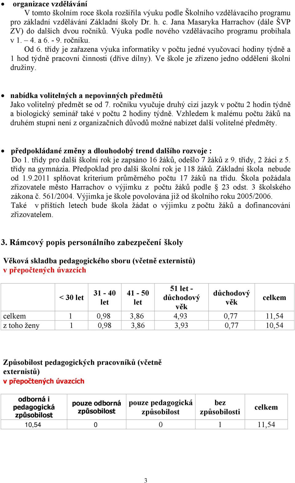 třídy je zařazena výuka informatiky v počtu jedné vyučovací hodiny týdně a 1 hod týdně pracovní činnosti (dříve dílny). Ve škole je zřízeno jedno oddělení školní družiny.