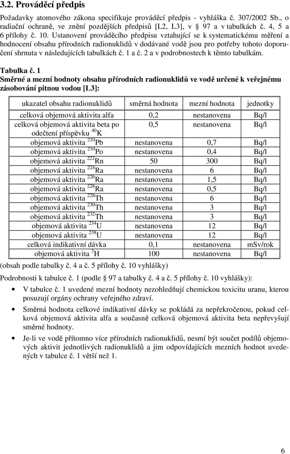 Ustanovení prováděcího předpsu vztahující se k systematckému měření a hodnocení obsahu přírodních radonukldů v dodávané vodě jsou pro potřeby tohoto doporučení shrnuta v následujících tabulkách č.