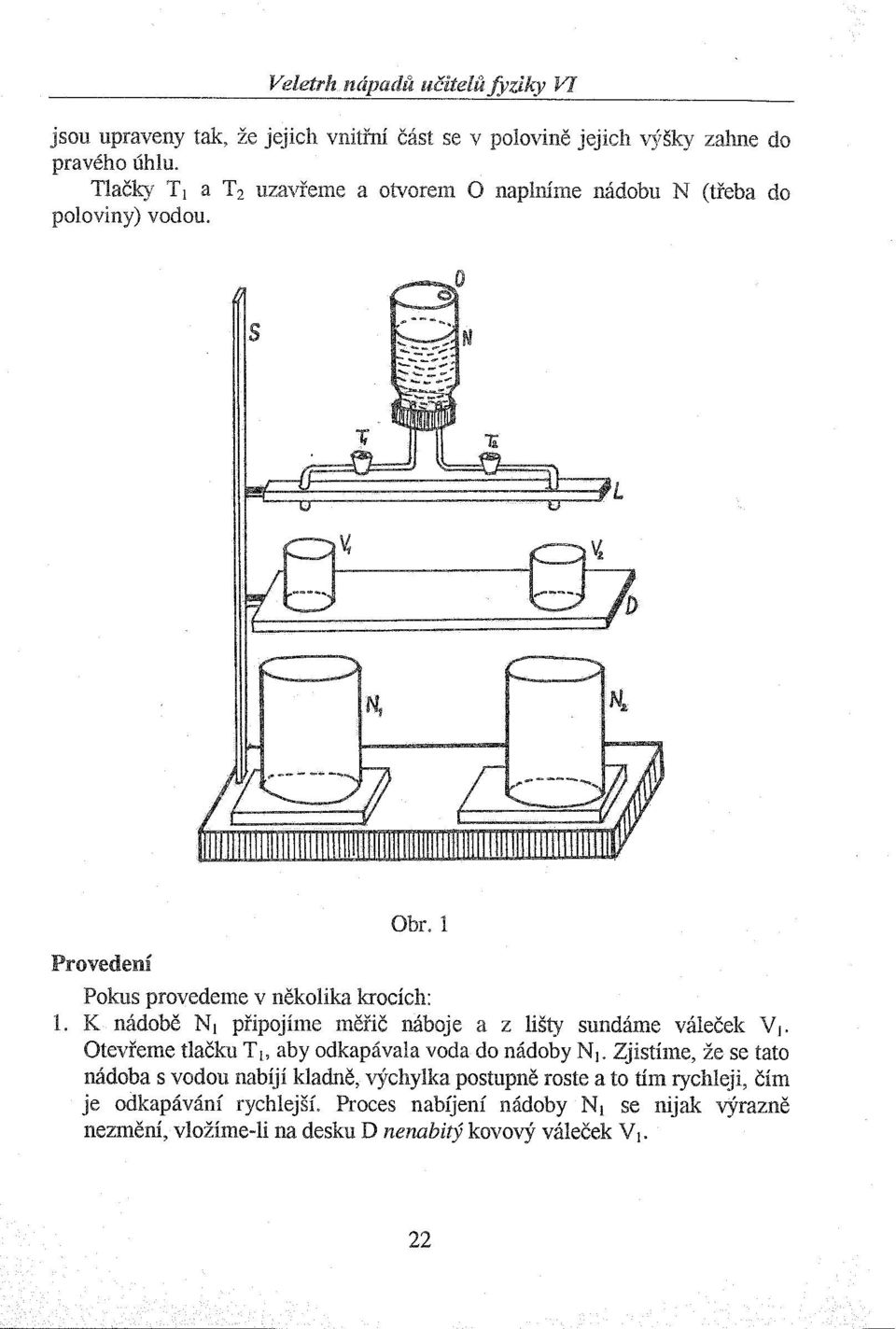 K nádobě NI připojíme měřič náboje a z lišty sundáme váleček VI. Vl. Otevřeme tlačku T" Tl, aby odkapávala voda do nádoby NI. N].