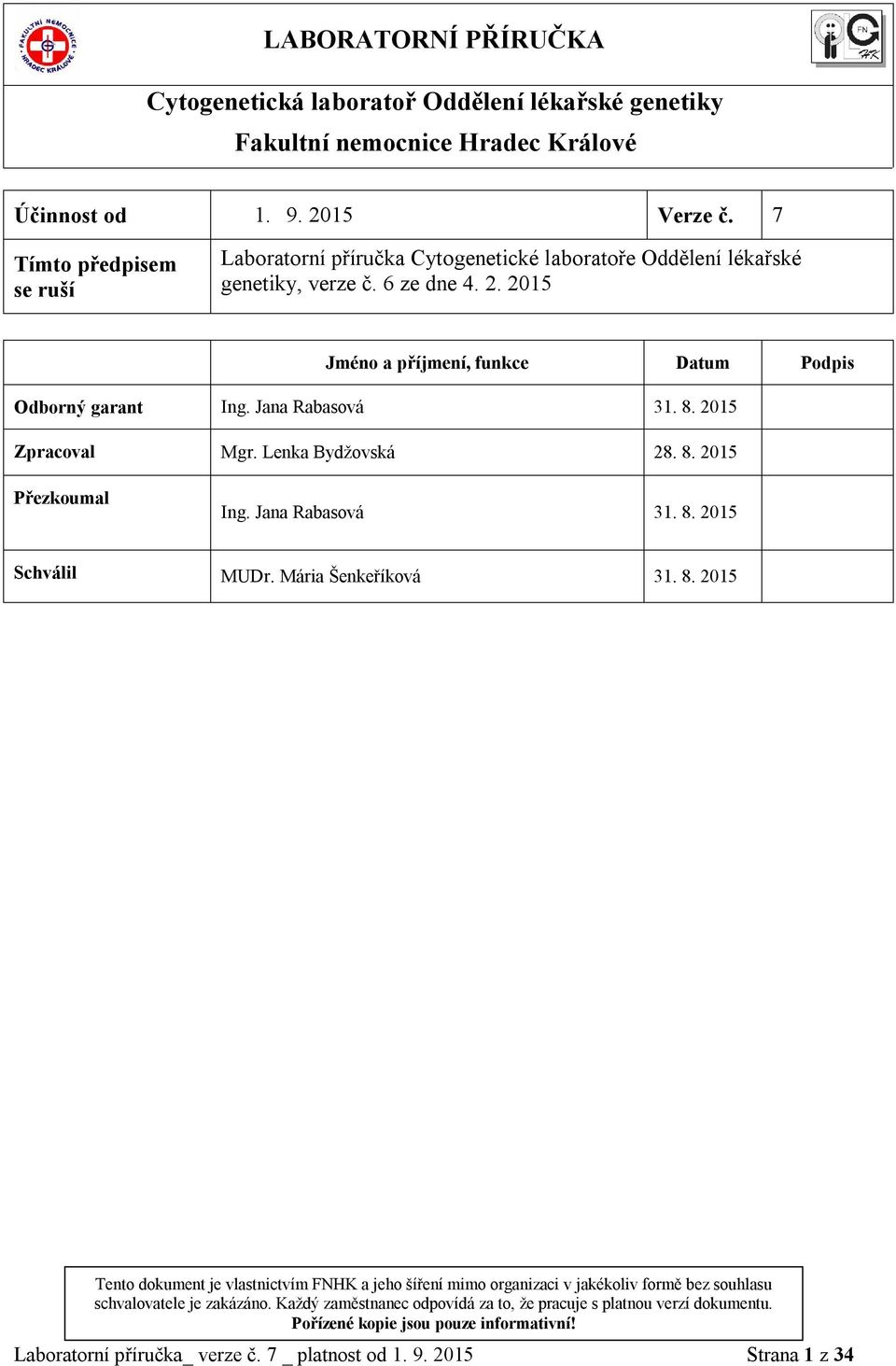 2015 Jméno a příjmení, funkce Datum Podpis Odborný garant Ing. Jana Rabasová 31. 8. 2015 Zpracoval Mgr. Lenka Bydžovská 28. 8. 2015 Přezkoumal Ing.