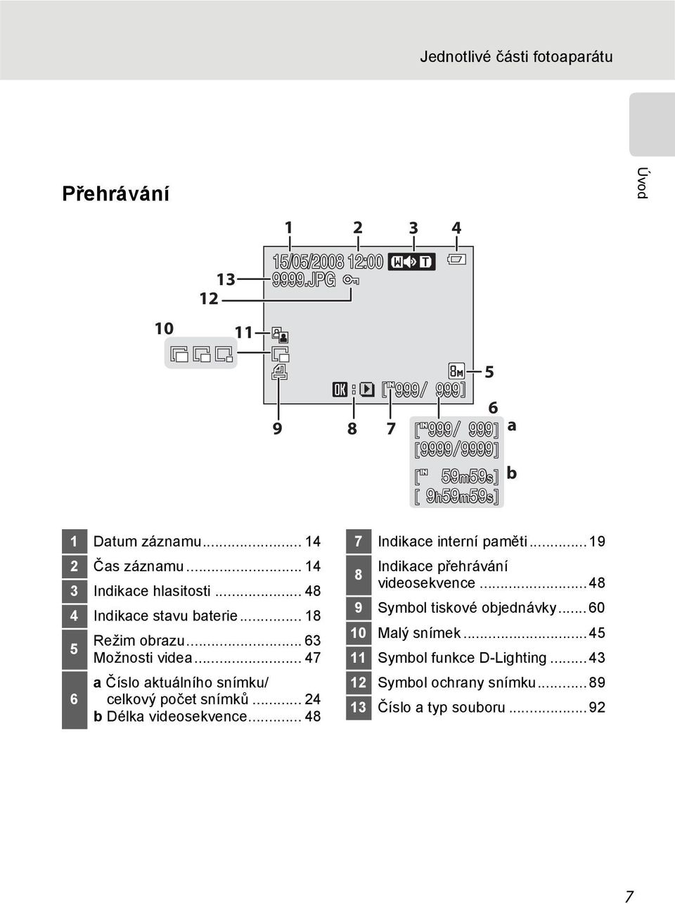 .. 48 4 Indikace stavu baterie... 18 5 6 Režim obrazu... 63 Možnosti videa... 47 a Číslo aktuálního snímku/ celkový počet snímků.