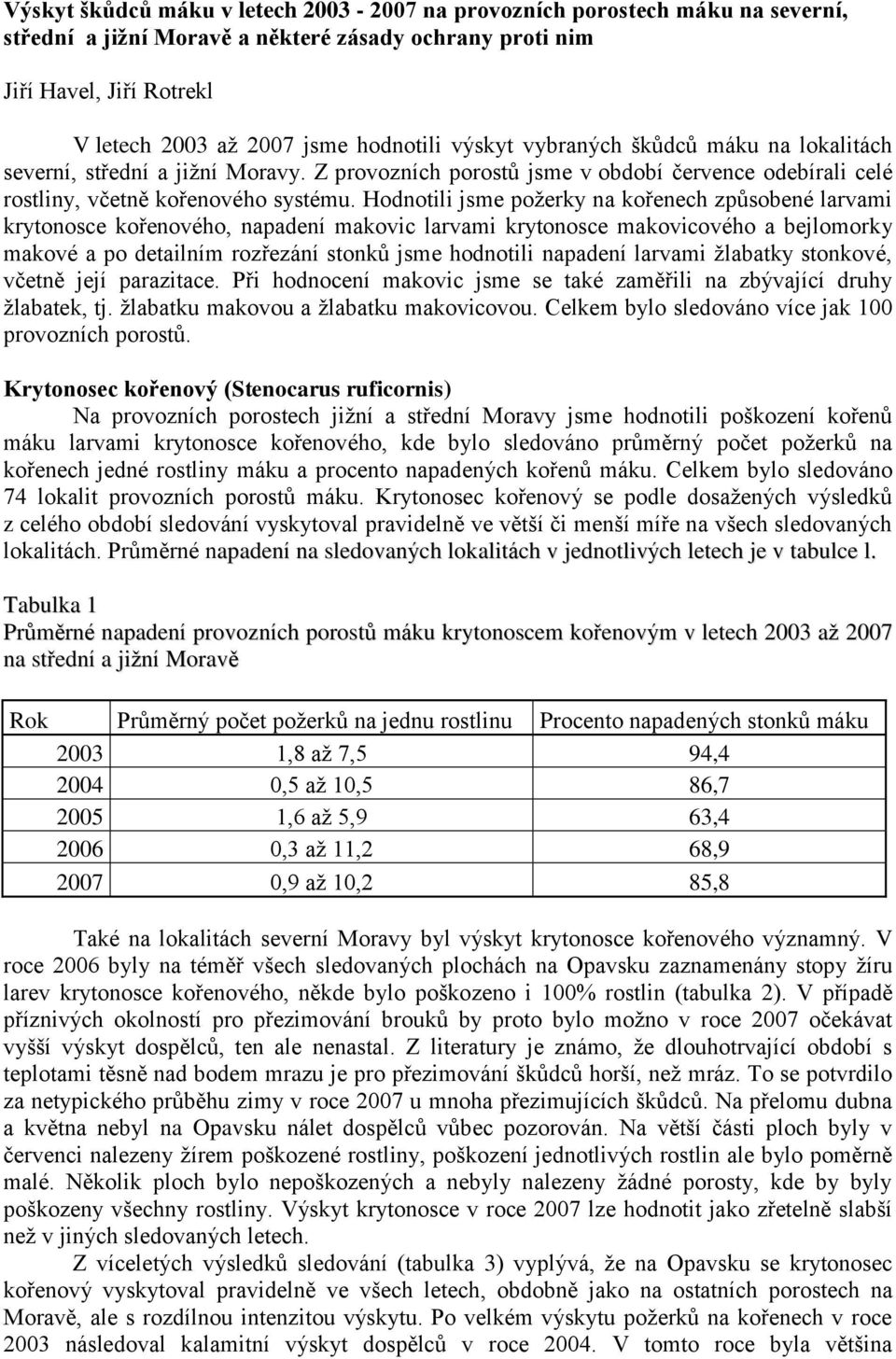 Hodnotili jsme požerky na kořenech způsobené larvami krytonosce kořenového, napadení makovic larvami krytonosce makovicového a bejlomorky makové a po detailním rozřezání stonků jsme hodnotili