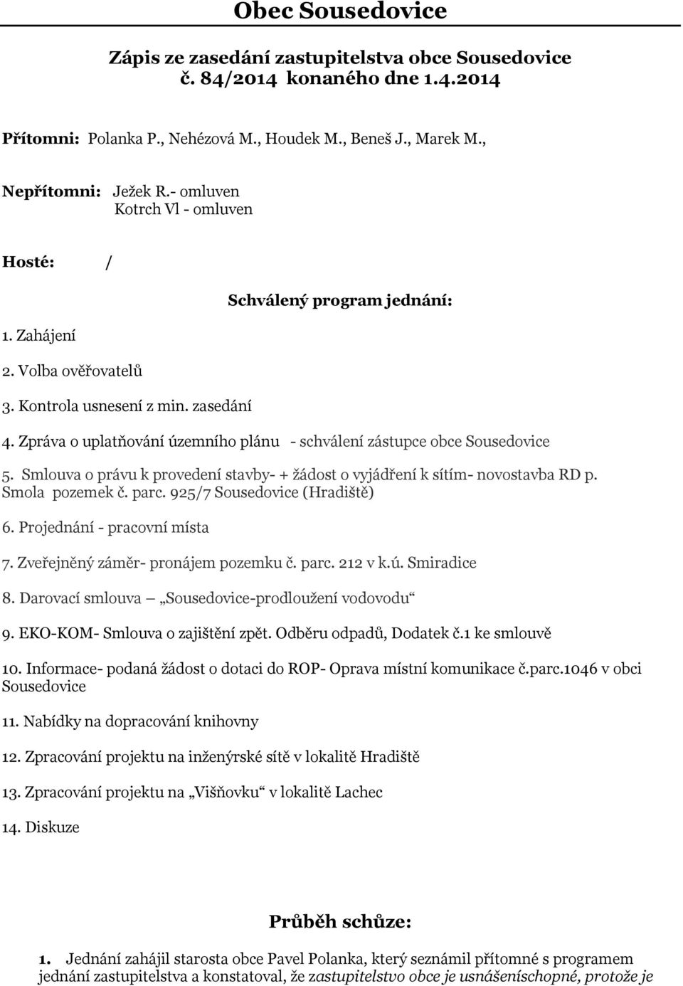 Zpráva o uplatňování územního plánu - schválení zástupce obce Sousedovice 5. Smlouva o právu k provedení stavby- + žádost o vyjádření k sítím- novostavba RD p. Smola pozemek č. parc.