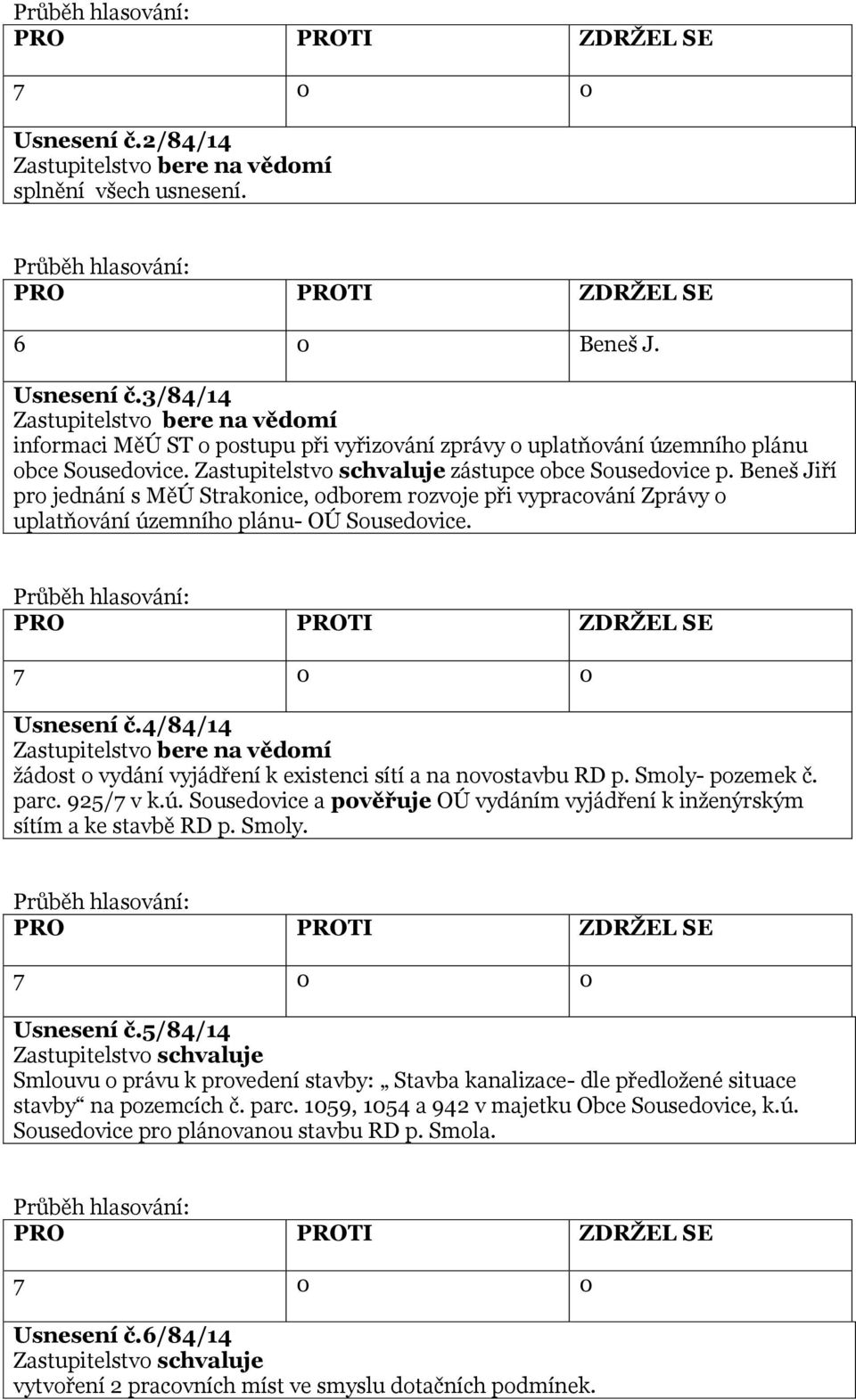 4/84/14 žádost o vydání vyjádření k existenci sítí a na novostavbu RD p. Smoly- pozemek č. parc. 925/7 v k.ú. Sousedovice a pověřuje OÚ vydáním vyjádření k inženýrským sítím a ke stavbě RD p. Smoly. Usnesení č.