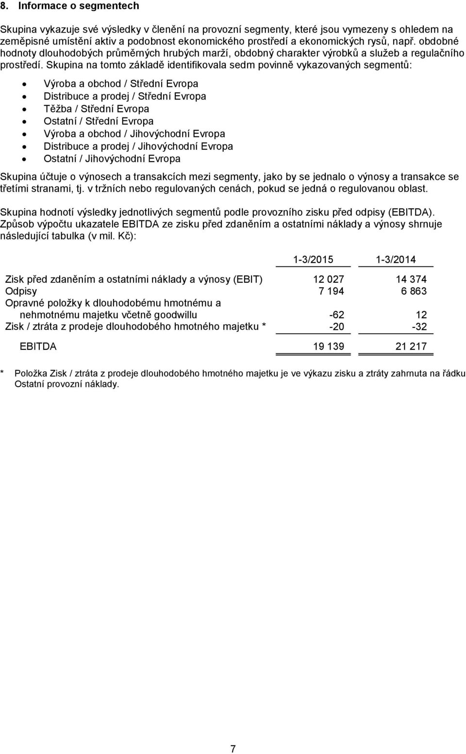 Skupina na tomto základě identifikovala sedm povinně vykazovaných segmentů: Výroba a obchod / Střední Evropa Distribuce a prodej / Střední Evropa Těžba / Střední Evropa Ostatní / Střední Evropa