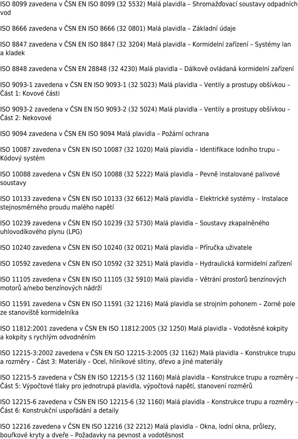 ISO 9093-1 (32 5023) Malá plavidla Ventily a prostupy obšívkou Část 1: Kovové části ISO 9093-2 zavedena v ČSN EN ISO 9093-2 (32 5024) Malá plavidla Ventily a prostupy obšívkou Část 2: Nekovové ISO