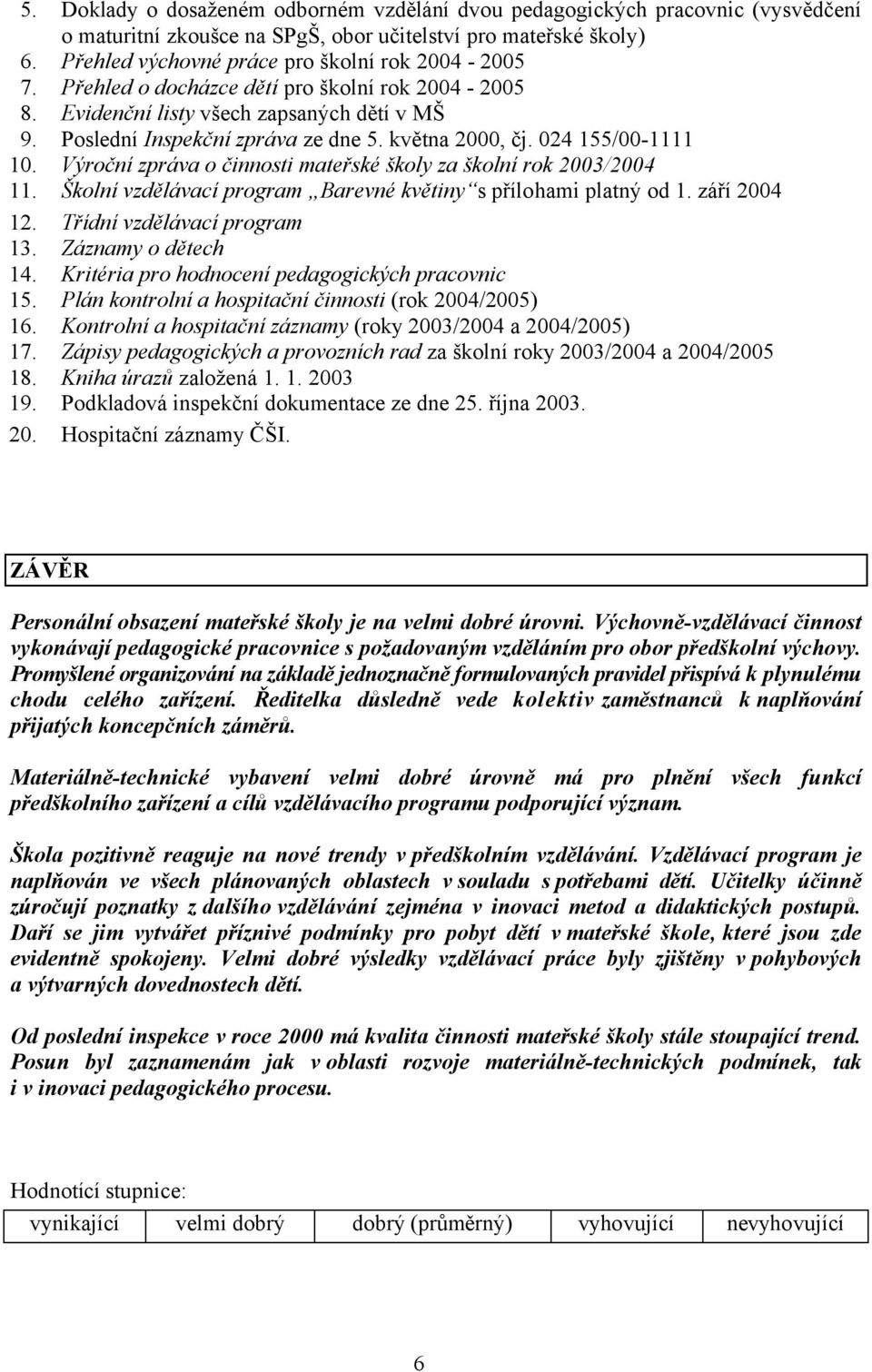 Výroční zpráva o činnosti mateřské školy za školní rok 2003/2004 11. Školní vzdělávací program Barevné květiny s přílohami platný od 1. září 2004 12. Třídní vzdělávací program 13. Záznamy o dětech 14.