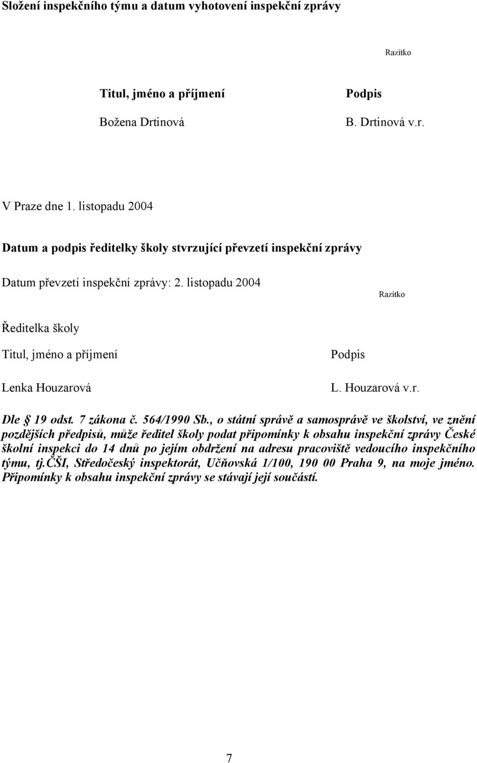 listopadu 2004 Razítko Ředitelka školy Titul, jméno a příjmení Lenka Houzarová Podpis L. Houzarová v.r. Dle 19 odst. 7 zákona č. 564/1990 Sb.