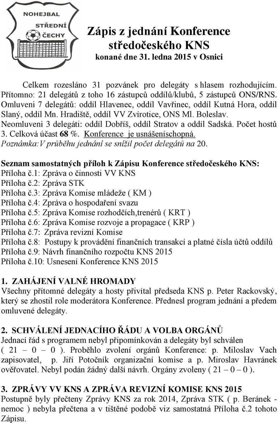 Hradiště, oddíl VV Zvírotice, ONS Ml. Boleslav. Neomluveni 3 delegáti: oddíl Dobříš, oddíl Stratov a oddíl Sadská. Počet hostů 3. Celková účast 68 %. Konference je usnášeníschopná.