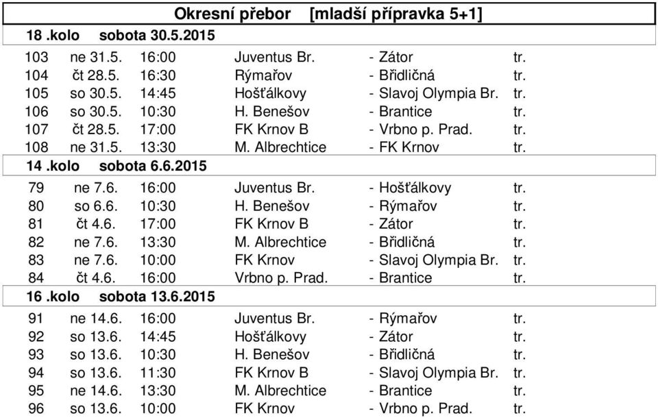 - Hošťálkovy tr. 80 so 6.6. 10:30 H. Benešov - Rýmařov tr. 81 čt 4.6. 17:00 FK Krnov B - Zátor tr. 82 ne 7.6. 13:30 M. Albrechtice - Břidličná tr. 83 ne 7.6. 10:00 FK Krnov - Slavoj Olympia Br. tr. 84 čt 4.