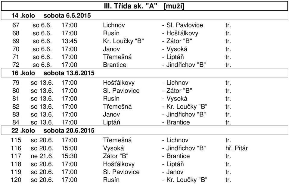 Pavlovice - Zátor "B" tr. 81 so 13.6. 17:00 Rusín - Vysoká tr. 82 so 13.6. 17:00 Třemešná - Kr. Loučky "B" tr. 83 so 13.6. 17:00 Janov - Jindřichov "B" tr. 84 so 13.6. 17:00 Liptáň - Brantice tr. 22.