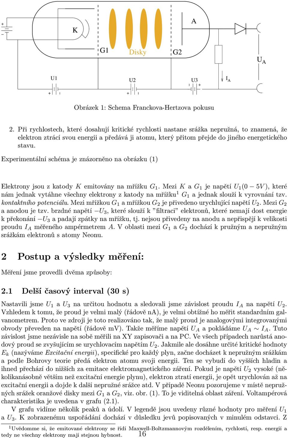 Experimentální schéma je znázorněno na obrázku (1) Elektrony jsou z katody K emitovány na mřížku G 1.