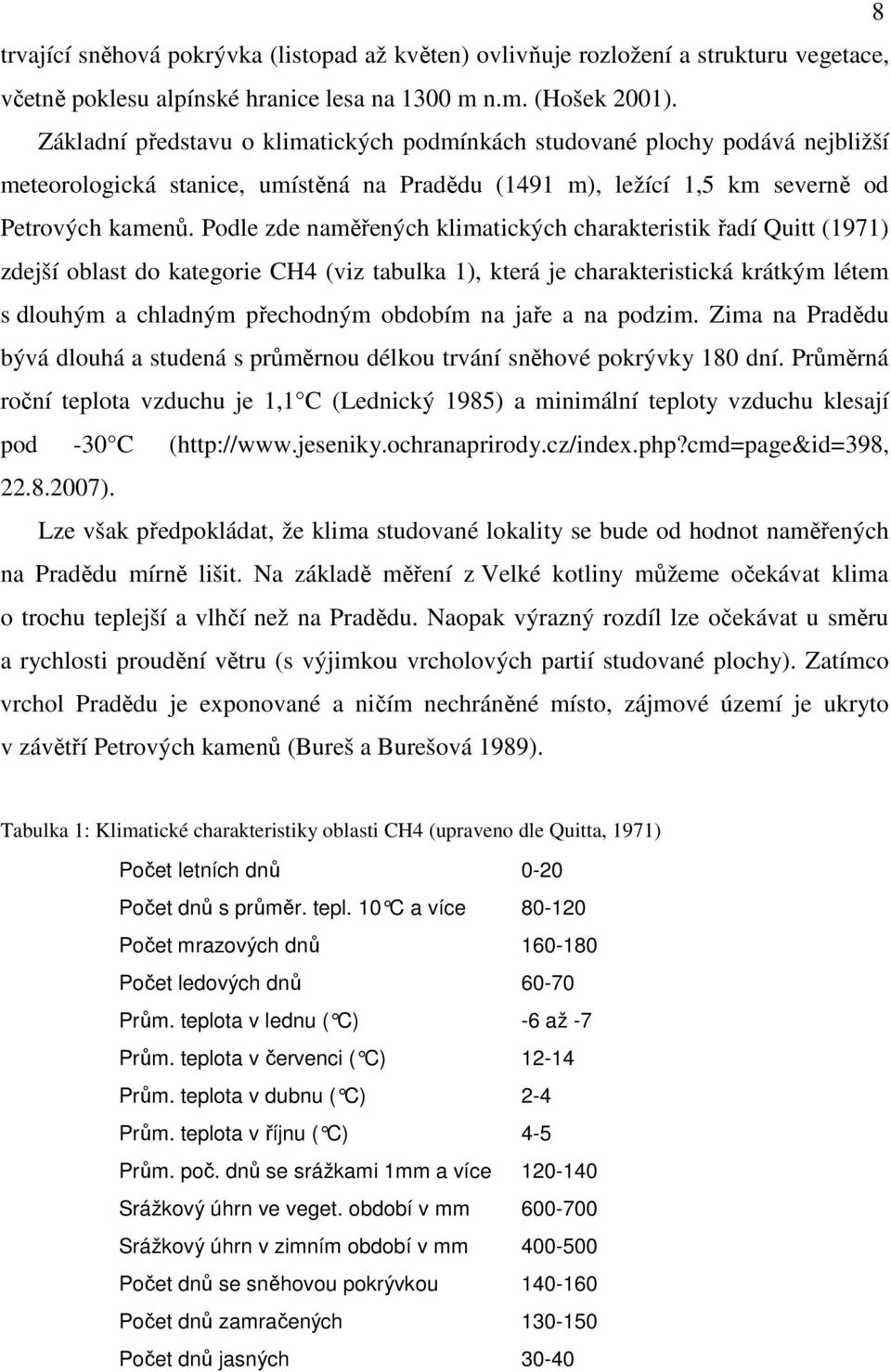 Podle zde naměřených klimatických charakteristik řadí Quitt (1971) zdejší oblast do kategorie CH4 (viz tabulka 1), která je charakteristická krátkým létem s dlouhým a chladným přechodným obdobím na