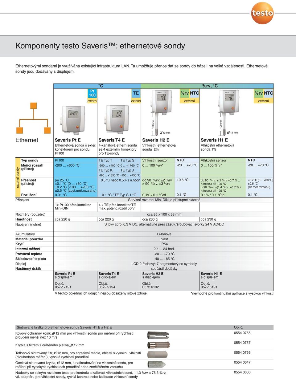 Pt 100 externí %rv, TE externí %rv NTC externí %rv NTC externí 100 mm 100 mm Ethernet externí sondy Typ sondy Měřící rozsah (přístroj) Přesnost (přístroj) Rozlišení Připojení Rozměry (pouzdro)